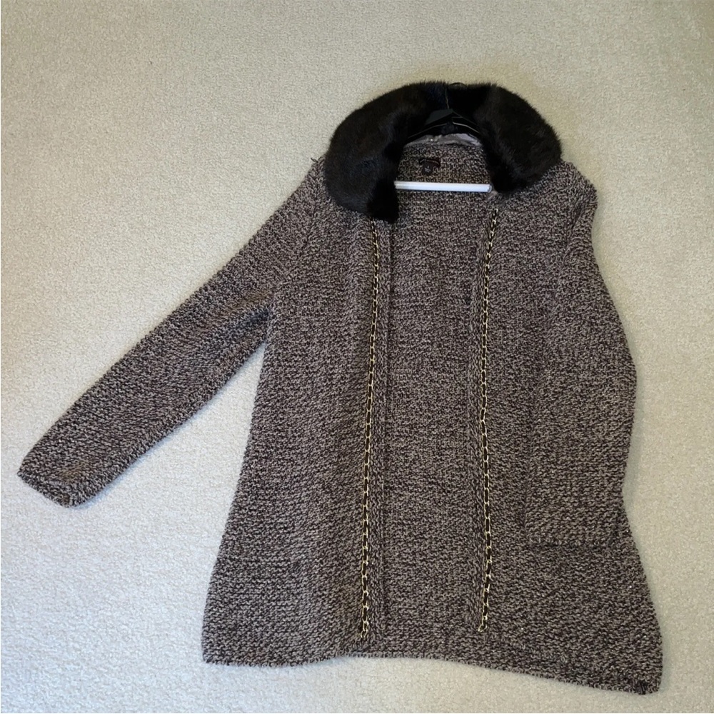 Dana Buchman Large Long Cardigan Sweater Faux Fur Collar Chain Trim Brown Gold